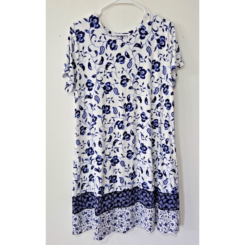 J.JILL Wearever Collection Casual Stretch Blue Floral Printed T Shirt Dress L‎